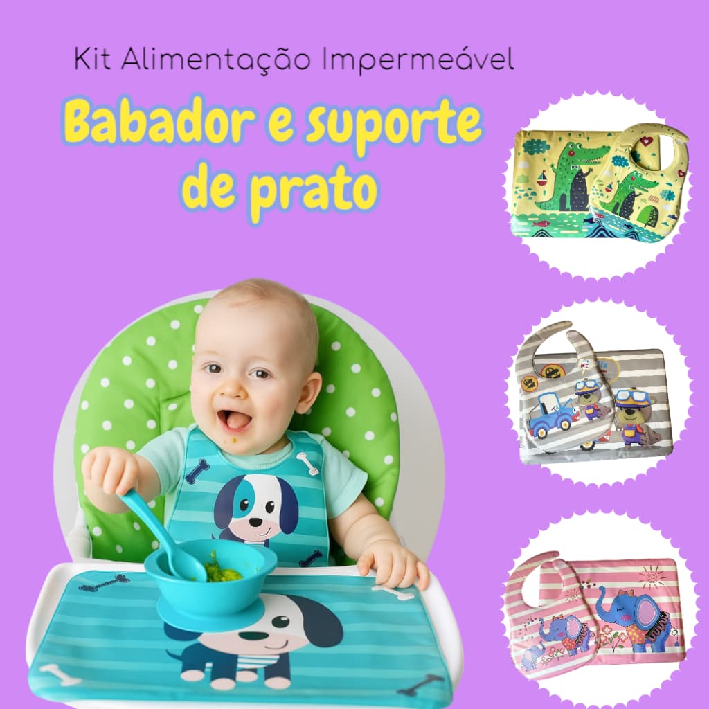 Babador para Bebe Impermeável com Estampa e Suporte de prato| Kit Bebê Alimentação Menina Menino
