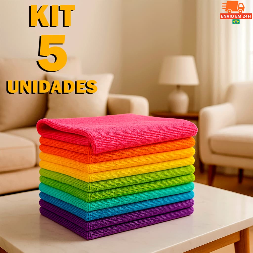 Kit 5 Panos de Microfibra Premium 40x60 para Limpeza com Alta Absorção Multiuso