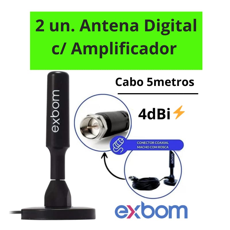 Antena Digital HDTV TV Amplificada Interna/Externa 4m/5m Base Imã Amplicicador 3.5DBI/4DBI Exbom