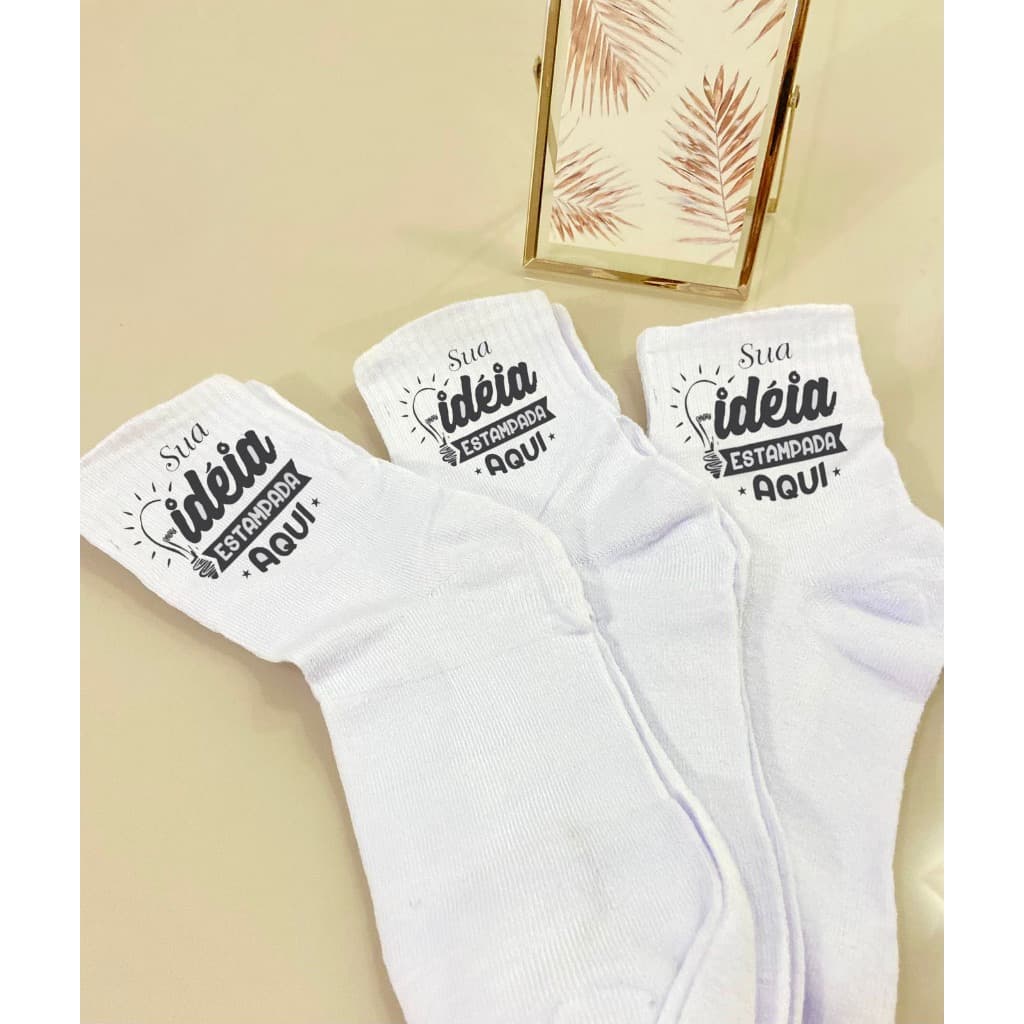 Meias Personalizadas - A Meia Que É A Sua Cara ! Kit 03 Pares de meias brancas cano alto