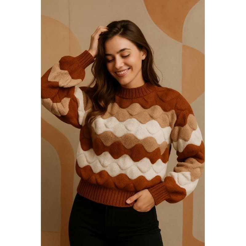 Blusa Tricô Feminina M (Que Estica) | Detalhe Ondas 3D | Textura Relevo | Estilo Despojado
