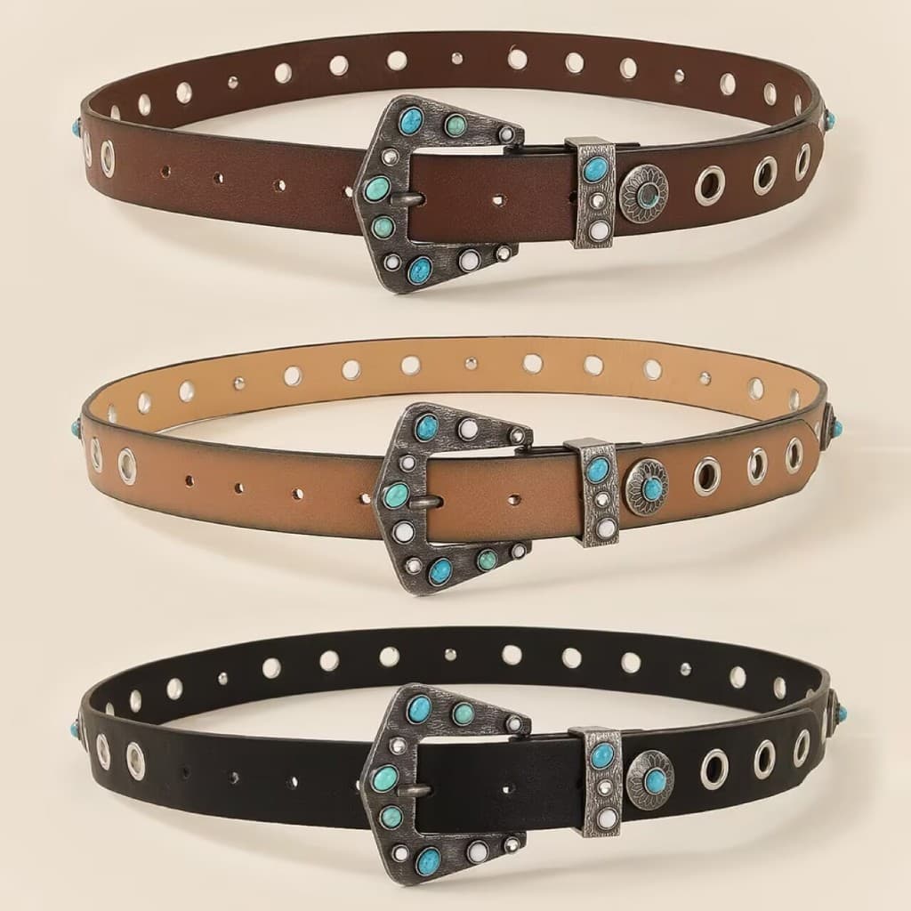 2025 Daiana Moda Cinto Cowboy Western Festa Country Ilhó  Textura / estampa turquesa 3.0CM扣头多绿松+汽眼