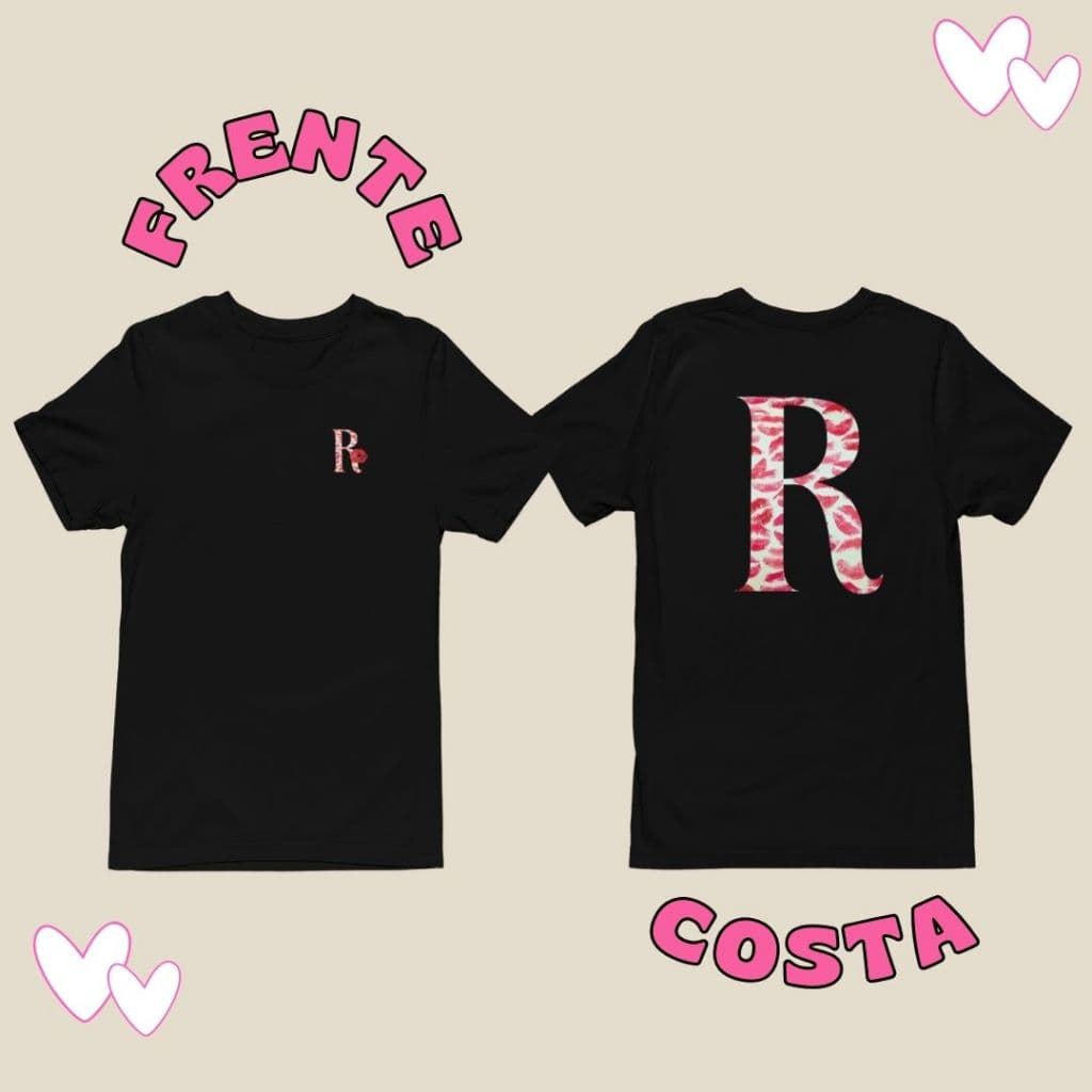 Camiseta Personalizada Preta Letra R Estampa de Beijos Personalizada Fashion Unissex