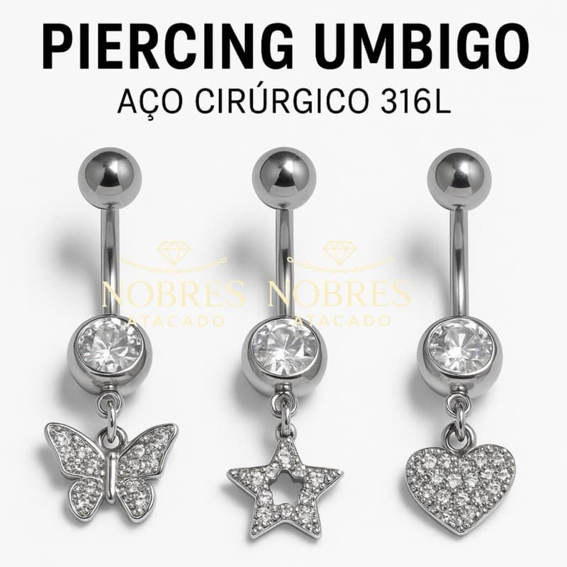 Piercing Umbigo Coração | Estrela | Borboleta Cravejado Prata Aço Cirúrgico 316L Antialérgico Feminino Body Piercing
