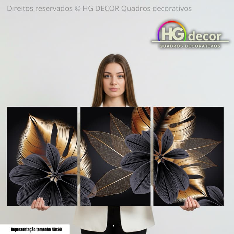 Kit 3 Quadros Luxo Floral Gold • Preto & Dourado • Decoração Moderna Sala e Quarto