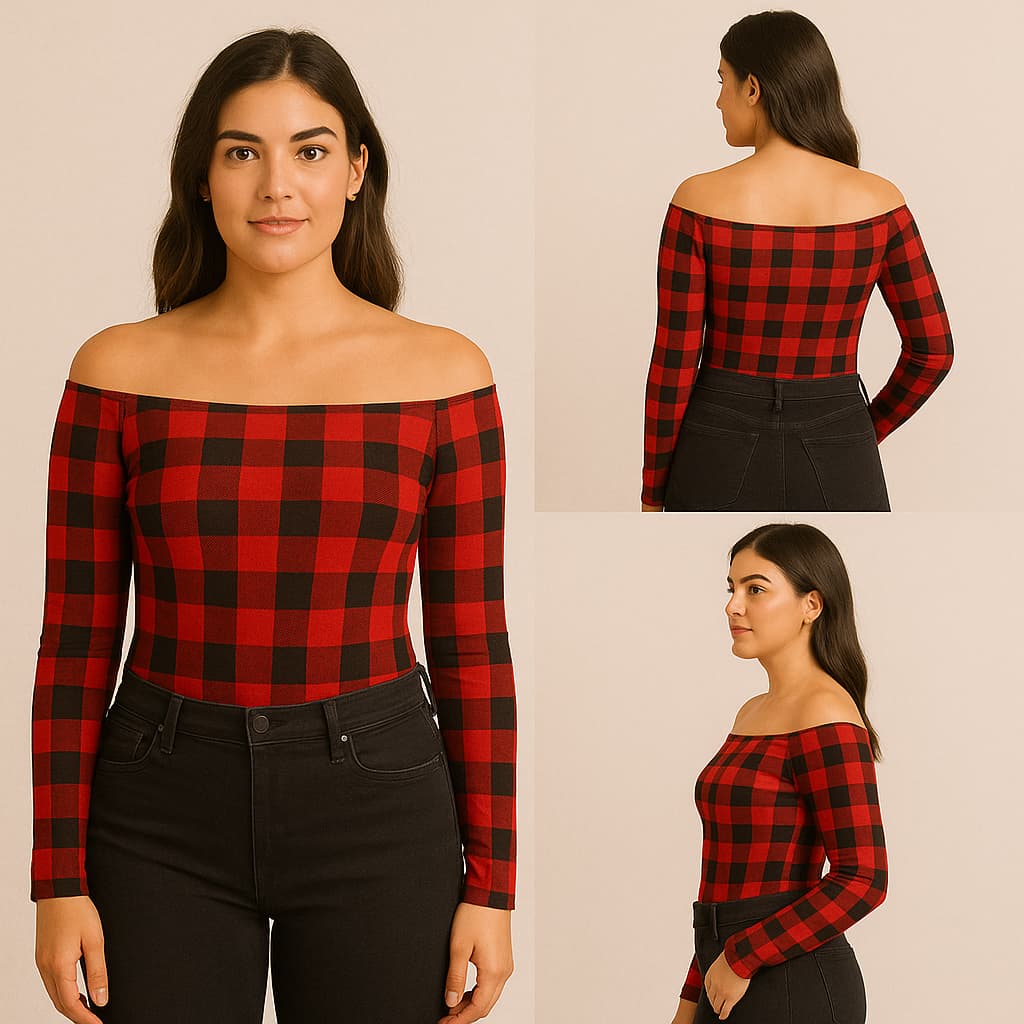 Body Xadrez Ombro a Ombro Manga Comprida Longa Blusa Feminina Elegante Bory Ciganinha Suplex Moda Gringa Y2k Festa