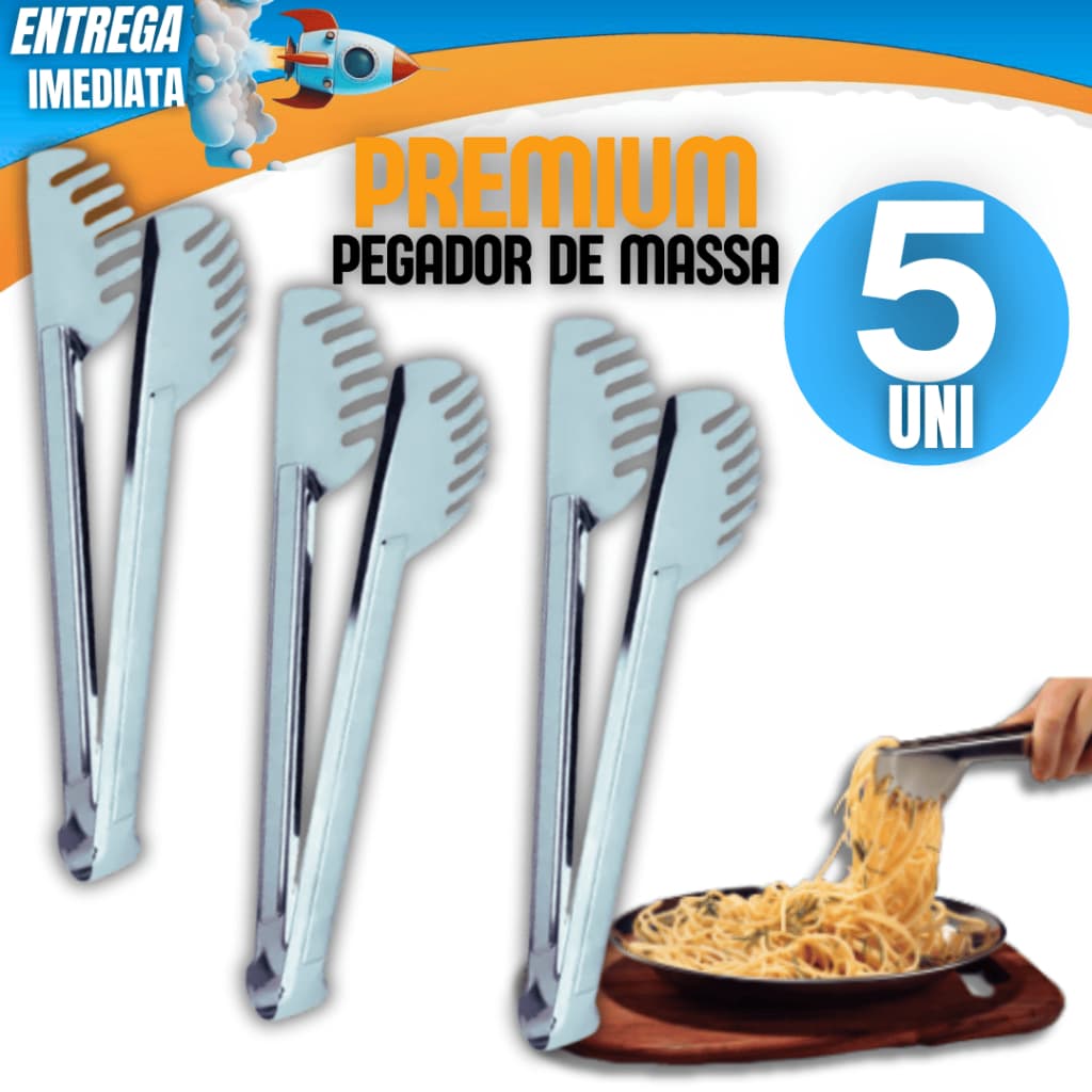 Conjunto 05 Unidades Pegador de Massas Macarrão Kit Inox com 20 cm Pegador de Massa Pinça de Alimentos