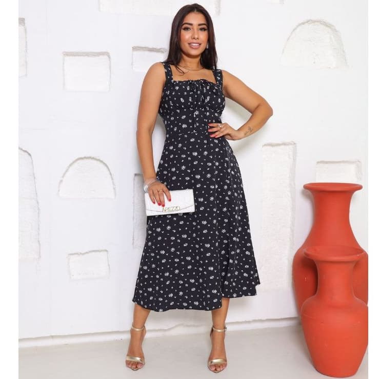 vestido midi femenino alza com forro, com fenda na frente e elastex nas costas