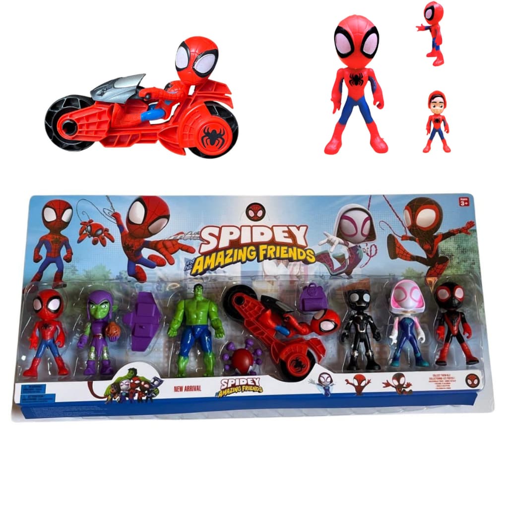 Brinquedo exclusivo com moto Spidey amazing friends 7 personagens heróis mini homem-aranha desenho cartela com bonecos