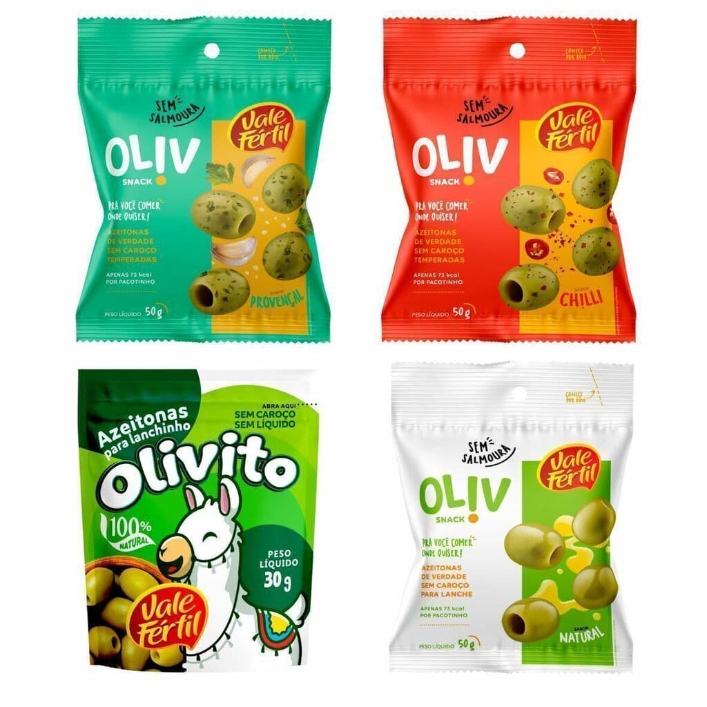 Kit Degustação Snack de Azeitona Vale Fértil Olivito 30g + Oliv Natural + Provençal + Chili 50g