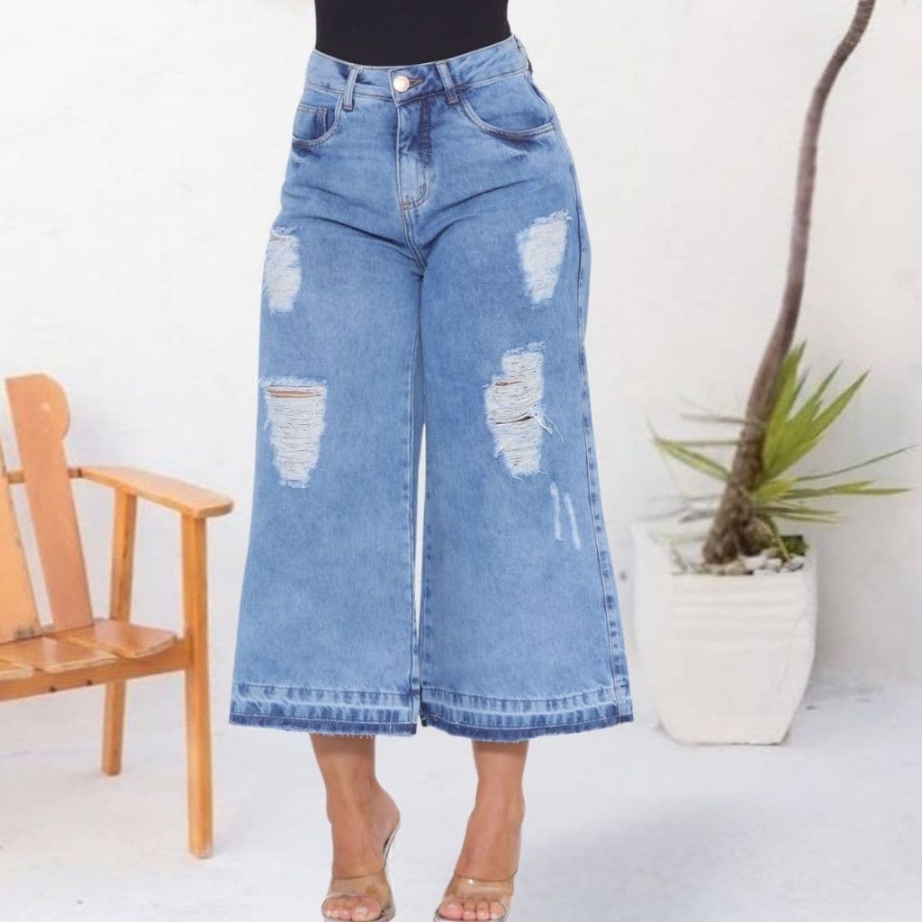 Calça Jeans Mom Pantacourt Marmorizada Feminina Cos Alto Linha Premium Wid Leg Barra Descosturada
