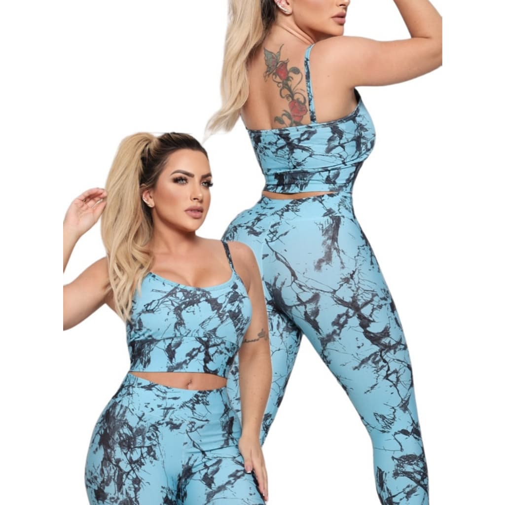 Conjunto Fitness Feminino Marmorizado com Top com Bojo e Legging de Alta Compressão
