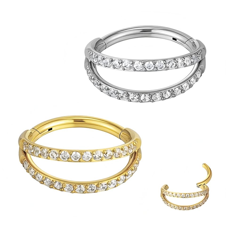 Argola Dupla de Piercing Dubhe com Zircônias - Feito em Titânio, Seguro para Pele Sensível
