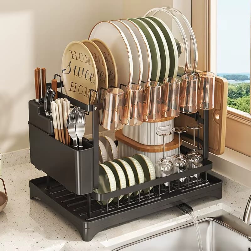 Escorredor Organizador de Louças Preto Aço Inoxidável Rack Cozinha Suspensa Louça Organizador Estante de asfalto duplo