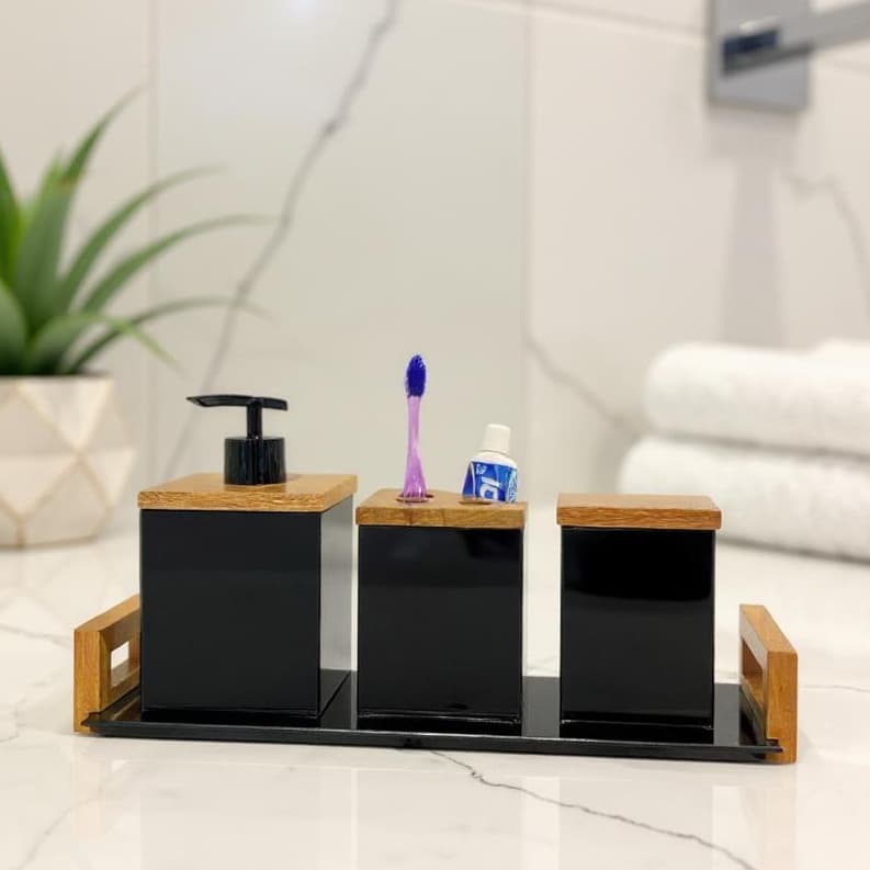 Kit Lavabo Banheiro Porta Escova Porta Algodão Saboneteira Sabonete Liquido 250ml Madeira e Vidro