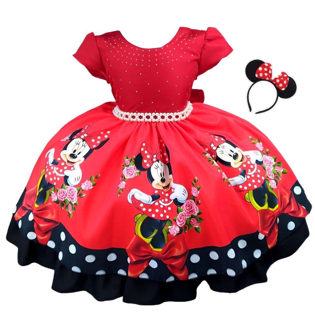 Vestido Infantil Minnie Vermelho Festa TemáticO E Tiara De Orelha.