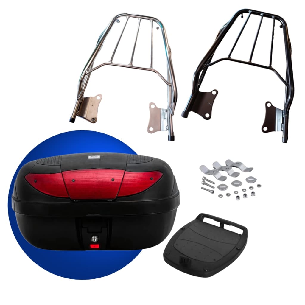 Kit Bagageiro Factor 125 + Baú Bauleto 45 litros 2009 2010 2011 2012 2013 2014 2015 Preto Cromado Pro Tork Original