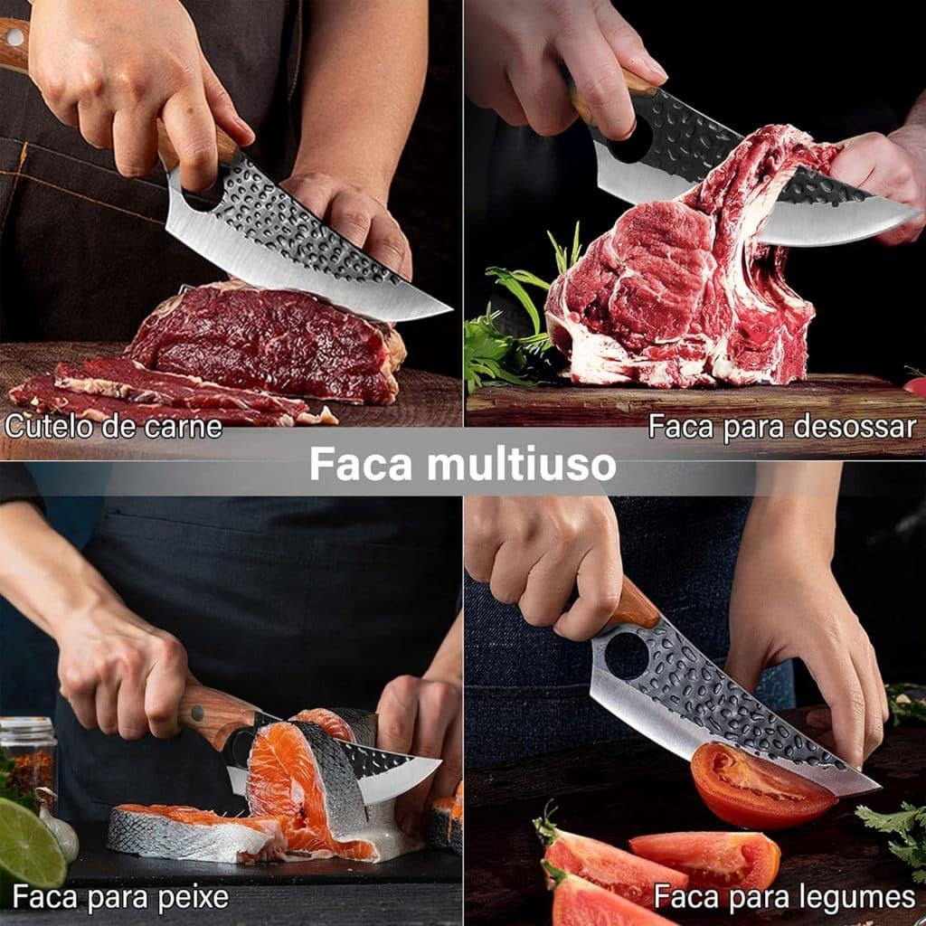 Faca Artesanal Inox Bainha Canivete Talheres Afiada Churrasco Tabua Madeira Tesoura Corta