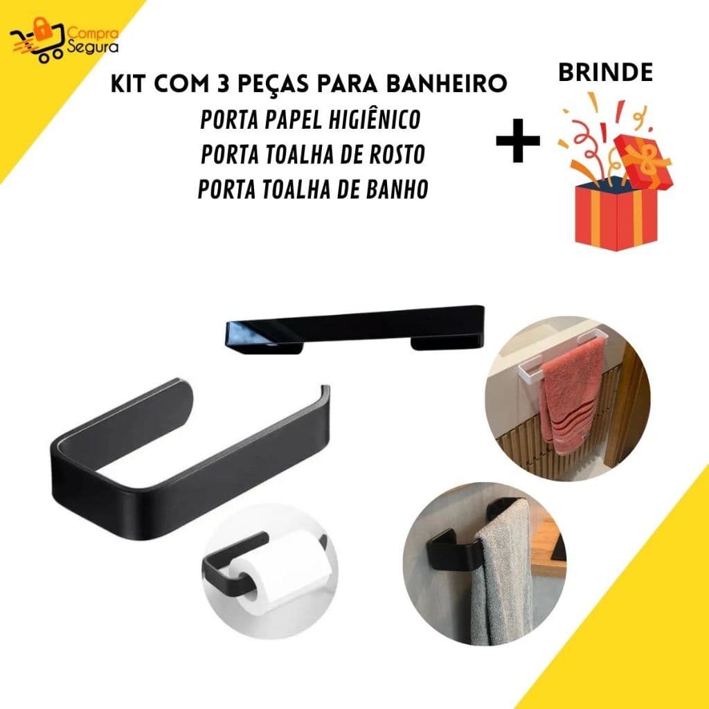 Kit 3 Suportes Banheiro Porta Toalha Rosto Porta Papel Higiênico Ganchos Acessórios