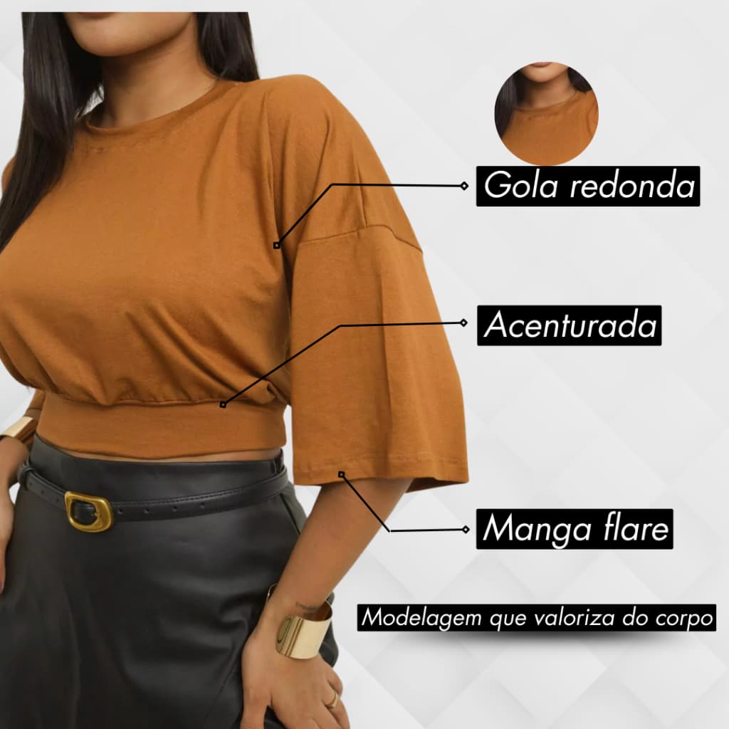 blusa cropped  feminina manga flare de malha elegante e bonita