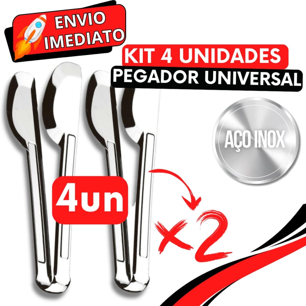KIT Conjunto 4 Pegador Pinça Universal Inox de Churrasco Salada Massa Comida Frios para Casa Cozinha Buffet Restaurante