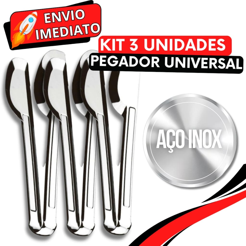 KIT Conjunto 3 Pegador Pinça Universal Inox de Churrasco Salada Massa Comida Frios para Casa Cozinha Buffet Restaurante
