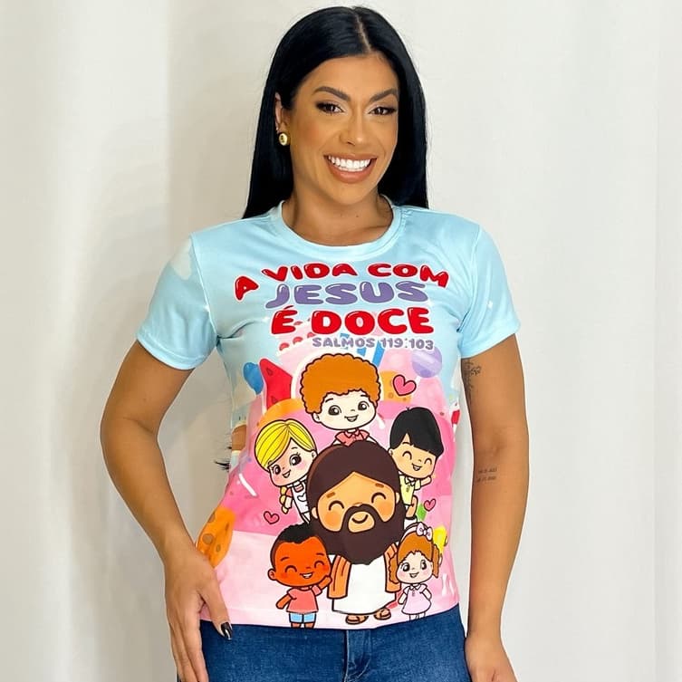 Tshirt Blusa Camiseta Feminina Premium Ministério Infantil - A Vida Com Jesus É Doce