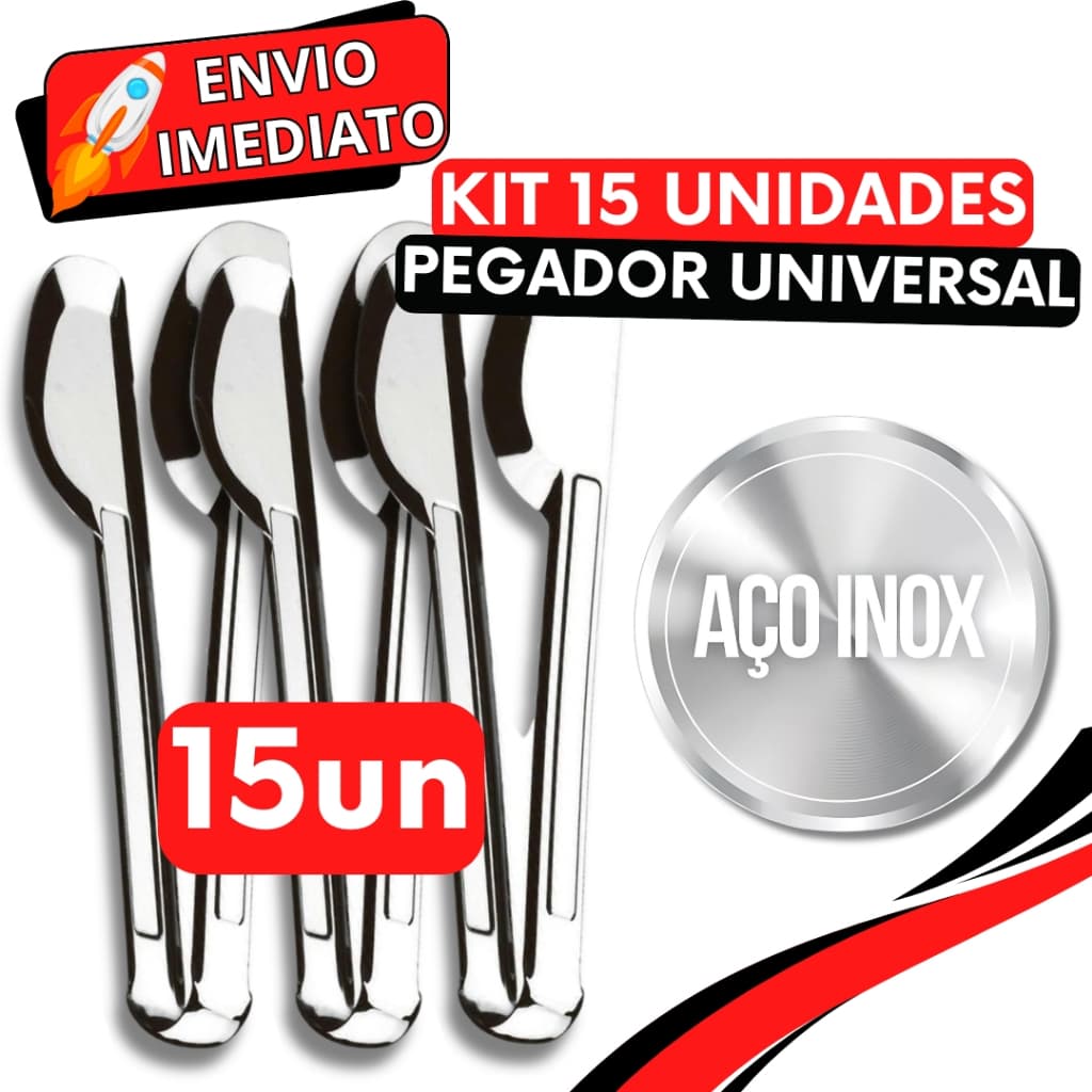 KIT Conjunto 15 Pegador Pinça Universal Inox de Churrasco Salada Massa Comida Frios para Casa Cozinha Buffet Restaurante
