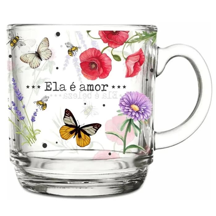 Caneca Vidro 220ML Ela É Amor Xícara Estampa Floral Borboletas Design Delicado Presente Mãe Avó