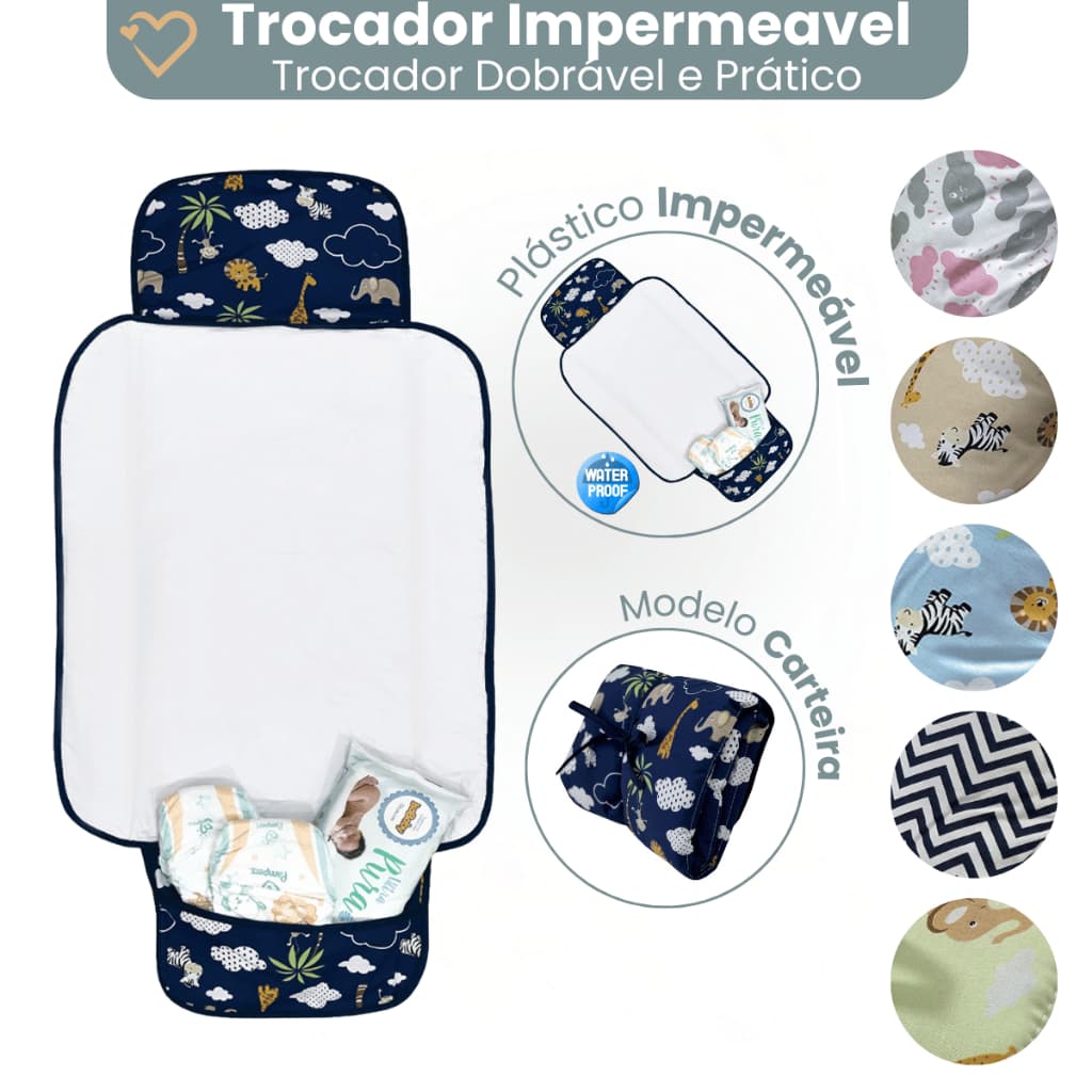Trocador portátil de bebe impermeável acolchoado com bolso para acessórios menino menina chevron