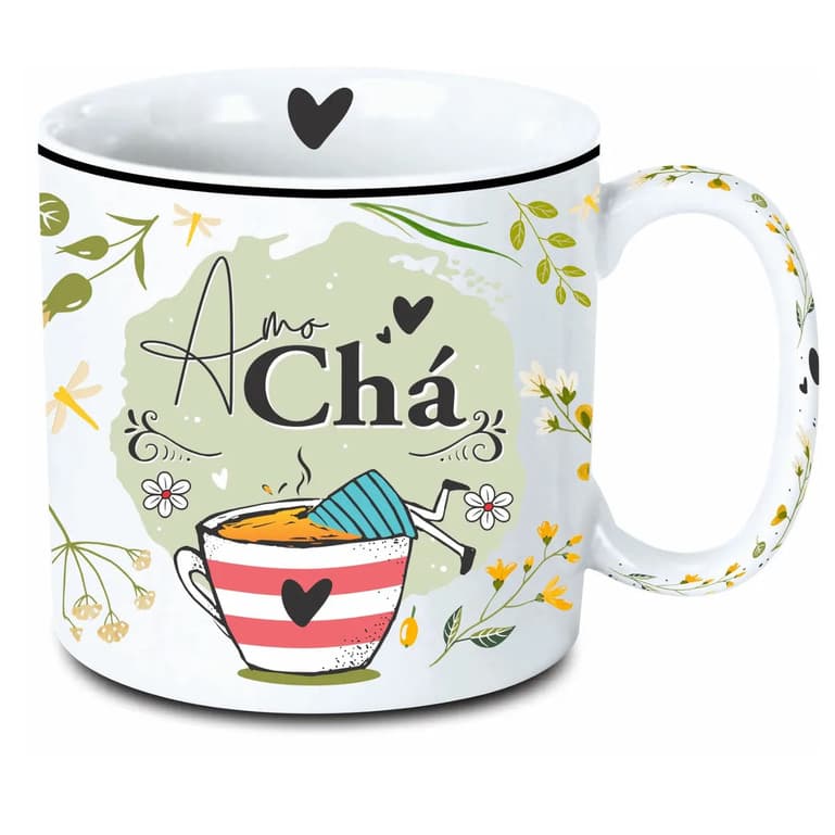 Caneca Bella 300ML Amo Chá Mesa Posta Cozinha Decoração Servir Café Colecionador Estampa Delicada