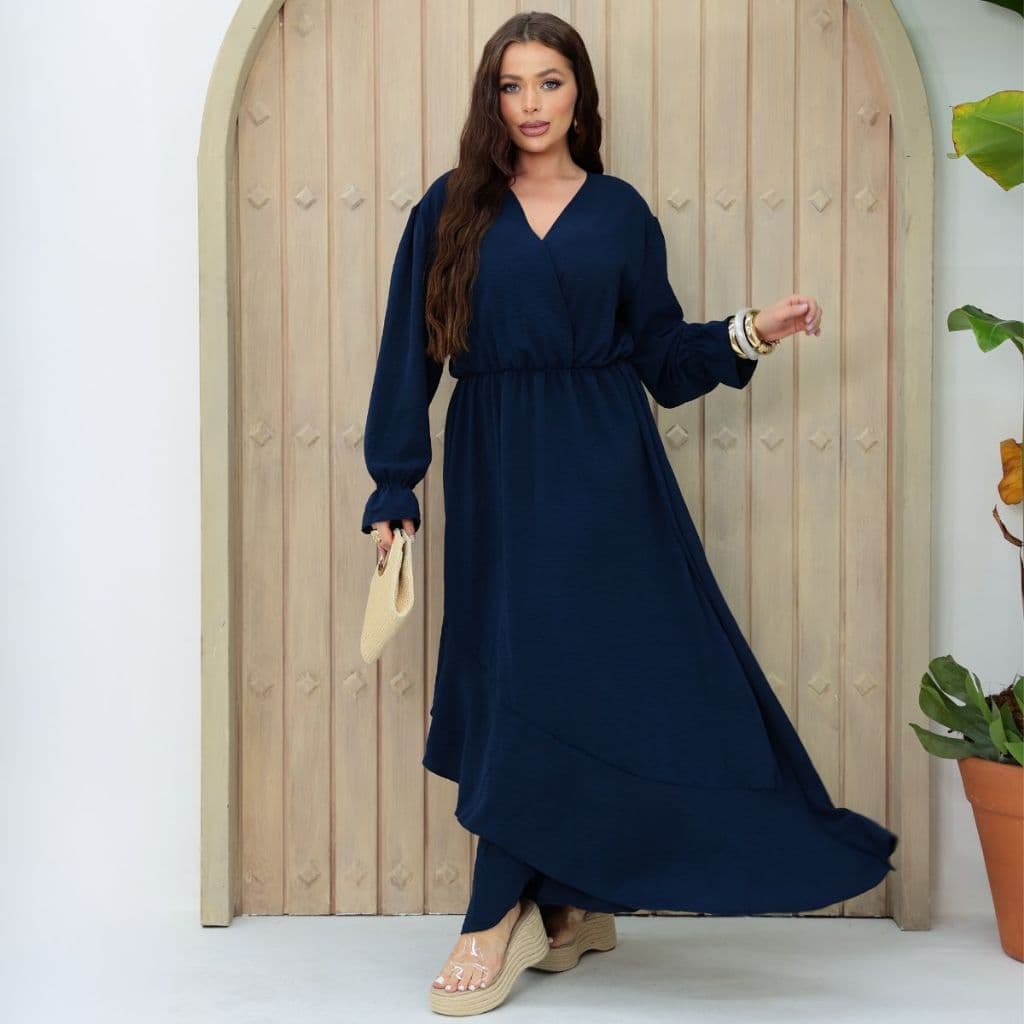 Vestido Longo Feminino Social Madrinha Manga Longa Amarração Cintura Elegante