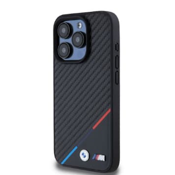 Capa Case Capinha BMW Carbon Tricolor Black iPhone 16 – Couro PU, MagSafe, Textura Carbono e Listras Esportivas