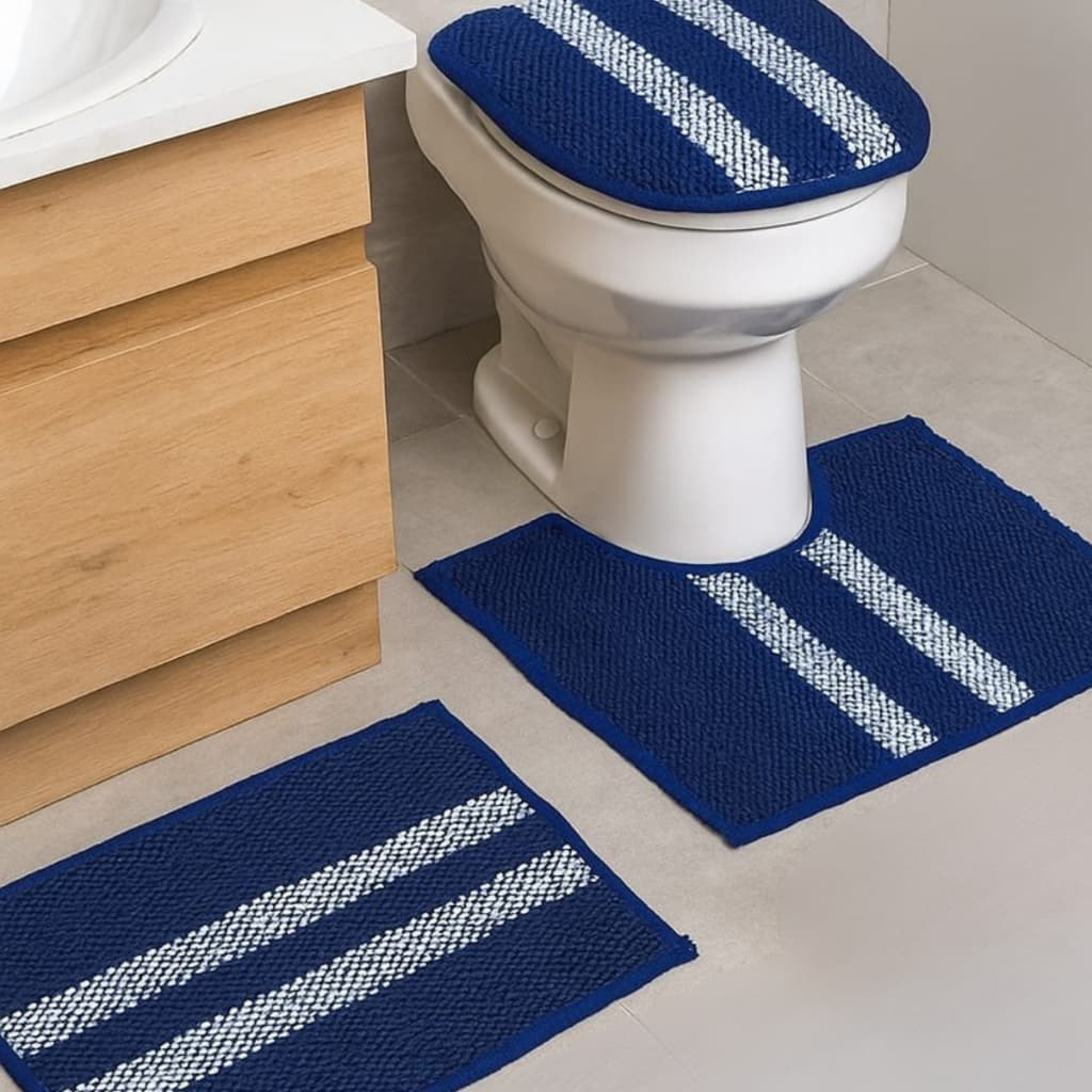 Kit Com 3 Tapete Fio De Malha Trançada Para Banheiro Jogo Chão Tampa Vaso Tecido Colorido Artesanal Tear