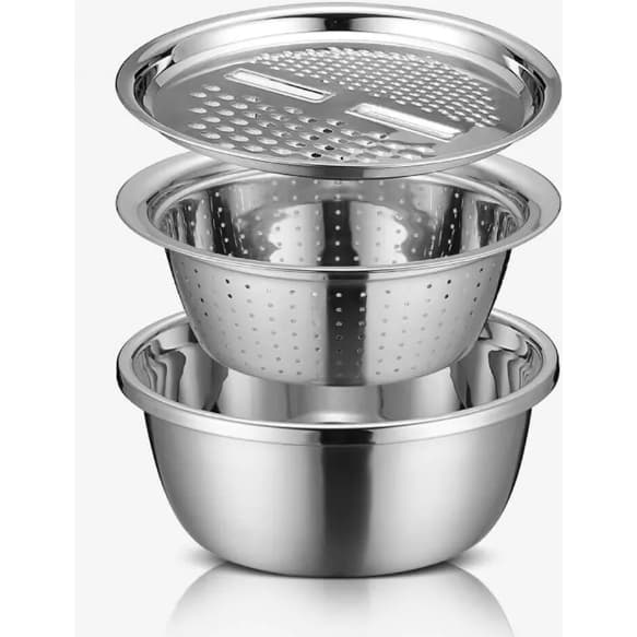 Kit 3 Em 1 Ralador 4 Laminas, Escorredor para Macarrão, Tigela 26cm Inox Aço Inoxidável