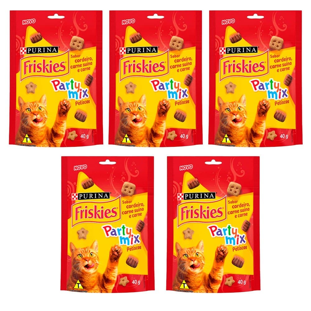 Kit com 5 Petisco Friskies Gatos Adultos Cordeiro, Carne Suína e Carne 40g