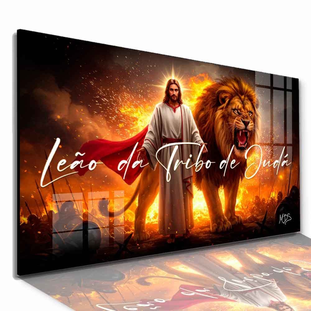 Quadro Decorativo Leão Da Tribo de Judá Religioso Jesus Cristo Fogos Frase Tamanho Gg Sala Quarto