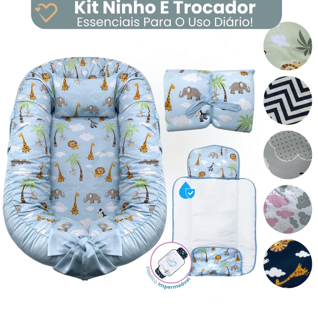 Ninho Redutor de Berço Trocador de Fraldas Portatil Com Bolso Linha Safari Menino Menina