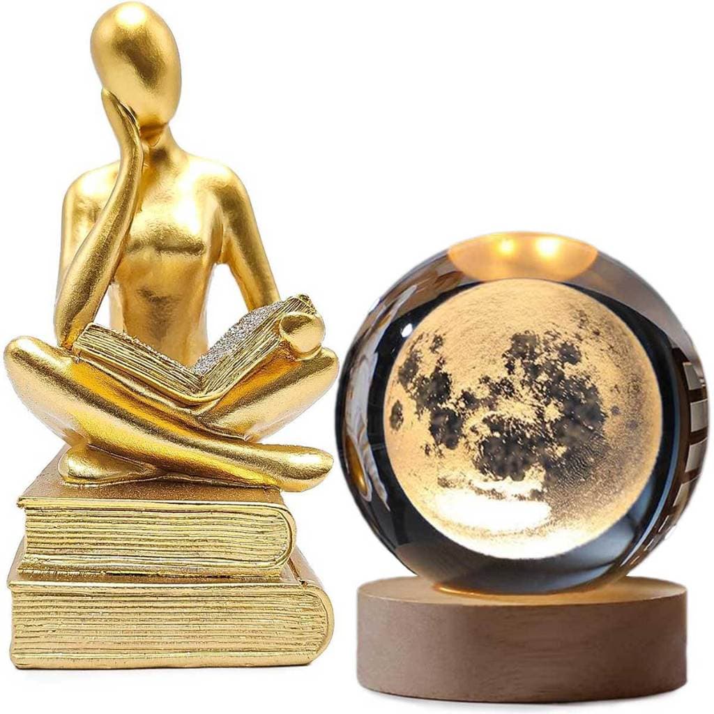 Kit Decorativo Luminária Criativa Bola Cristal Planeta galáxia + Estátua Pensador Abstrato Homem Refletindo Enfeite