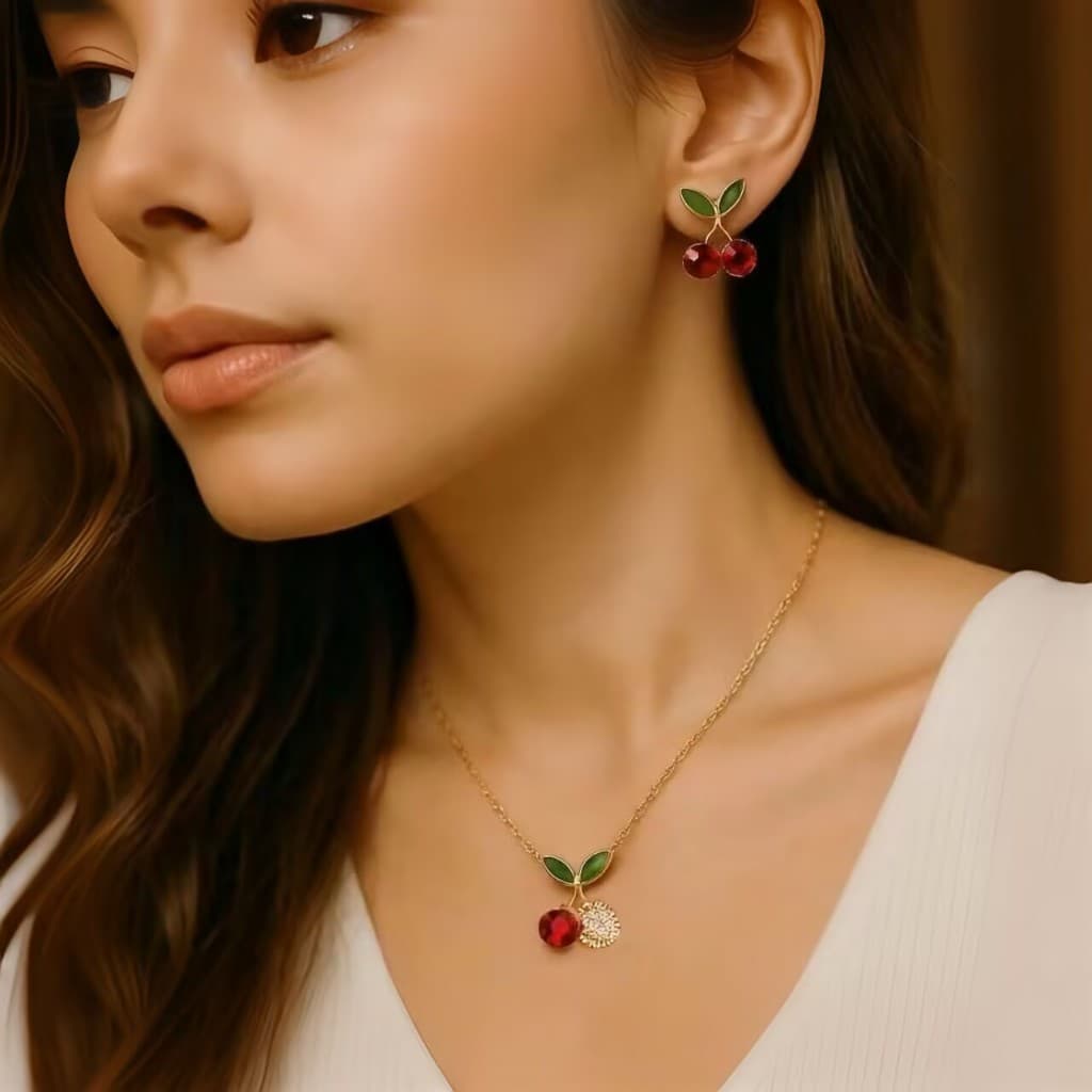 Brincos românticos de cereja diamante para mulheres, brincos elegantes e fofos
