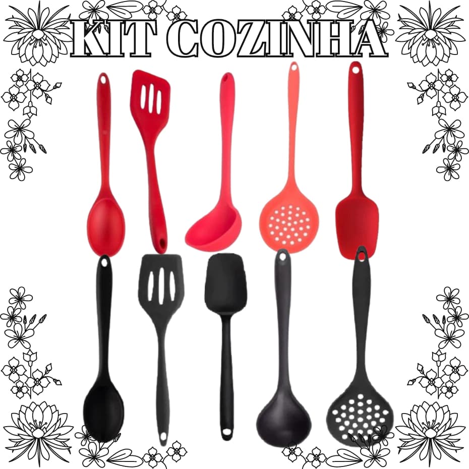 Kit 5 Utensílios Cozinha Silicone Espátula Pincel Colher Concha Escumadeira Chef de Cozinha