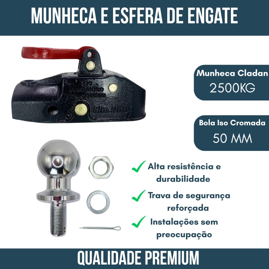 Munheca 2500kg Cladan + Esfera Bola ISO 50mm – Engate Reboque Carretinha, Trailer, Alta Resistência