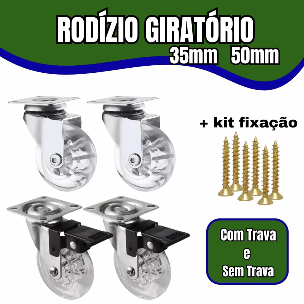Kit Rodízios Giratórios com Rodinhas de Silicone  35mm e 50mm Com Trava E Sem Trava
