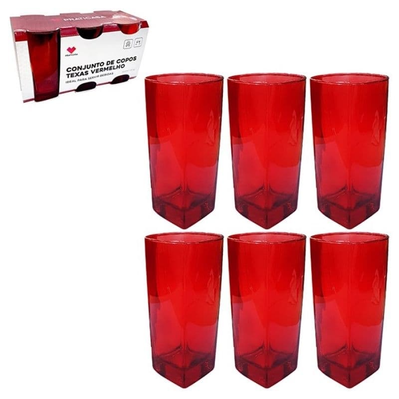 Jogo de copo de vidro Texas Quadrado vermelho 320ml