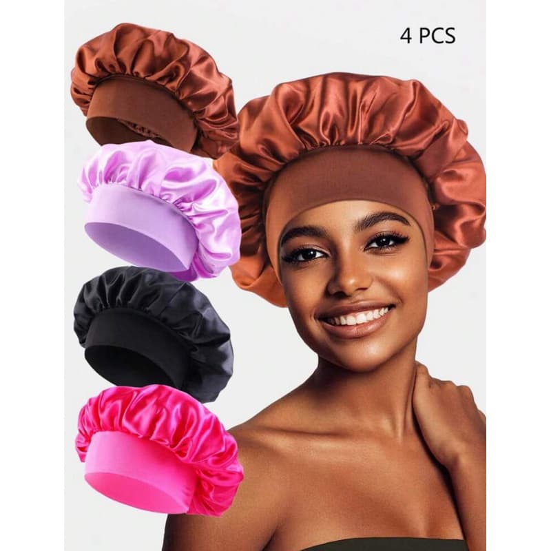4 Peças Gorro/Touca de Dormir de Borda Larga Multicolorida de Cetim Feminina, Adequado para Uso Diário