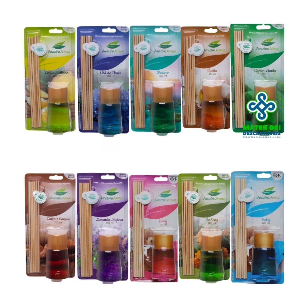 DIFUSOR DE AROMAS 120ML BLISTER AMAZÔNIA AROMAS AROMATIZADOR DE AMBIENTES DIVERSAS FRAGRÂNCIAS