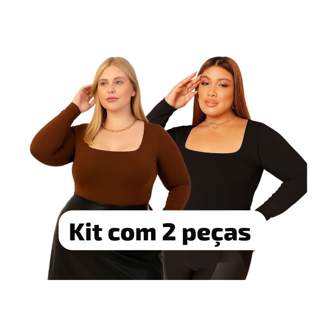 Kit 2 Peças Blusa Feminina MangaLonga Plus Size Curve Mid Size Curve DecoteQuadrado Suplex Poliamida