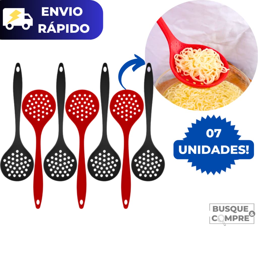 7 Escumadeiras de Silicone para Arroz Colher Vazada Furada Escumadeira Utensilio Cozinha Resistente