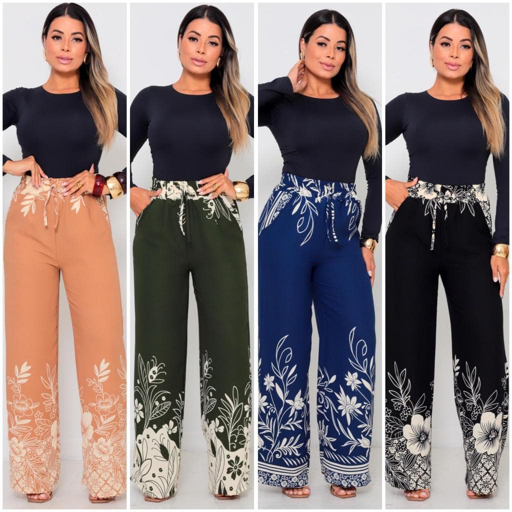 Calça Feminina Pantalona Estampada Tecido Duna Cintura Alta Com Bolso Casual Chic