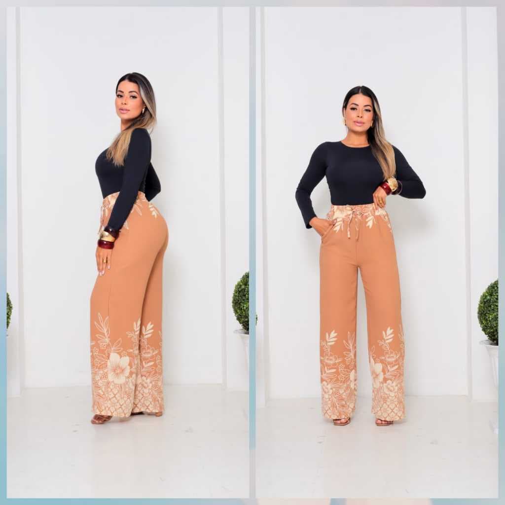 Calça pantalona femenina cintura alta com bolso tecido DUNA estampado